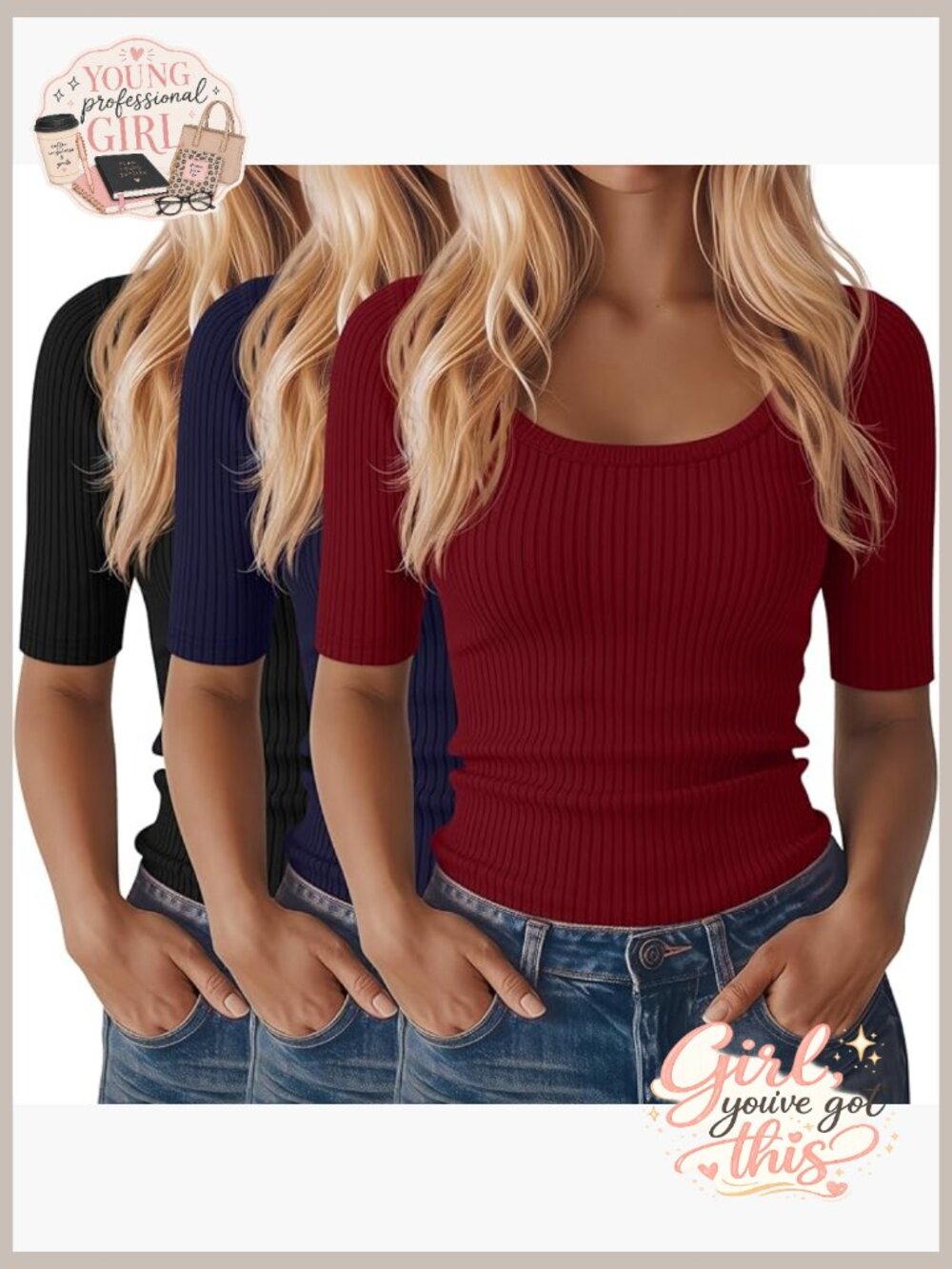 3 Pack Half Sleeve Ribbed Tops Scoop Neck Slim Fit Tees